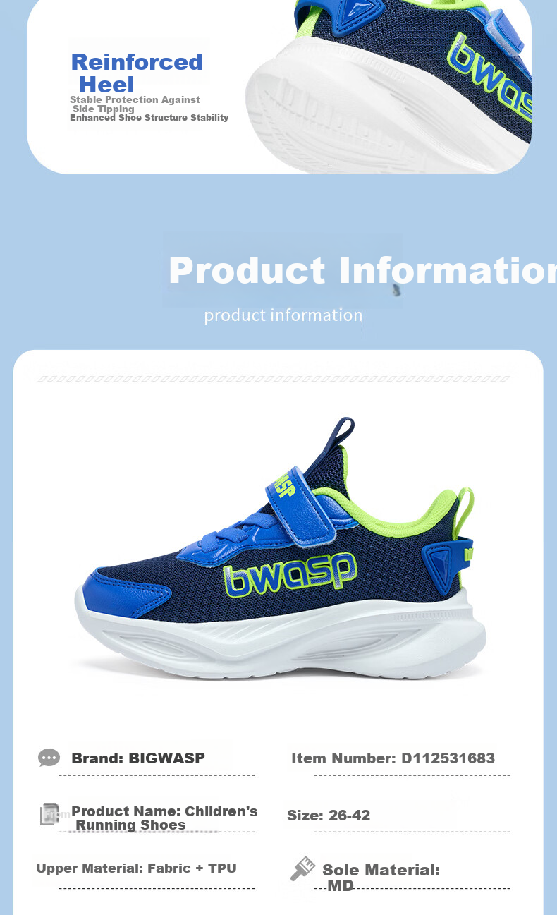 BIG WASP Boys' Sports Shoes 2026 Spring New Running Shoes D112621683K Deep Blue (Single Mesh) Size 32 11