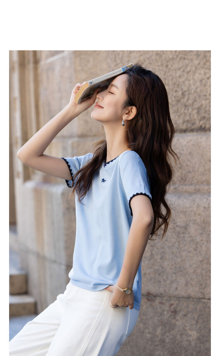Demana [Breathable Tencel] Spring College Style Round Neck Embroidered Short Sleeve Stretch Knit Sweater for Women Premium Quality 11