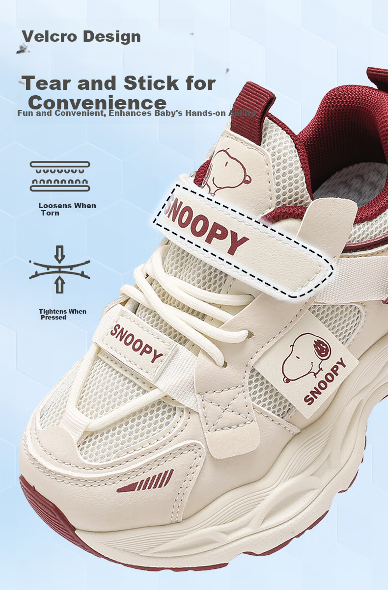 SNOOPY Kids Casual Sports Shoes Spring Autumn Boys Velcro Running Shoes Girls Dad Sneakers 0032 Rice Wine Red Size 33 3