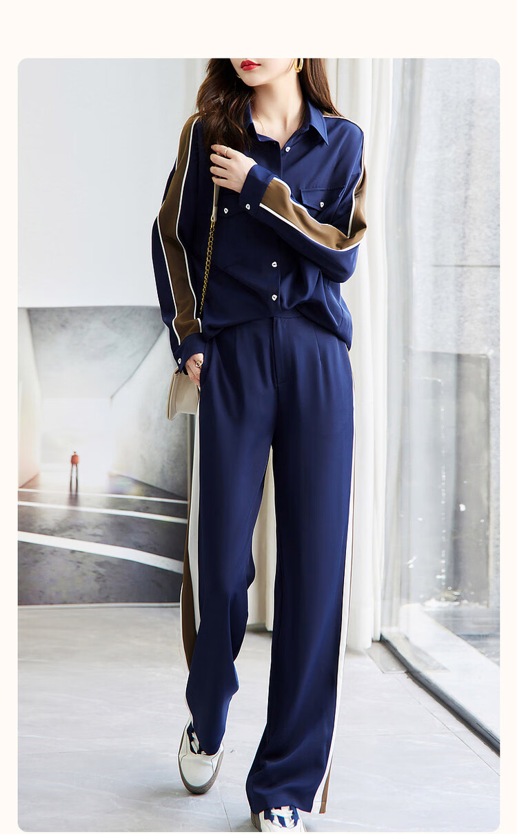 Dme [Casual Color Block Two-Piece Set] Spring And Autumn Turndown Collar Long-Sleeve Top with Mid-Rise Women's Pants Set, Fashionable 2