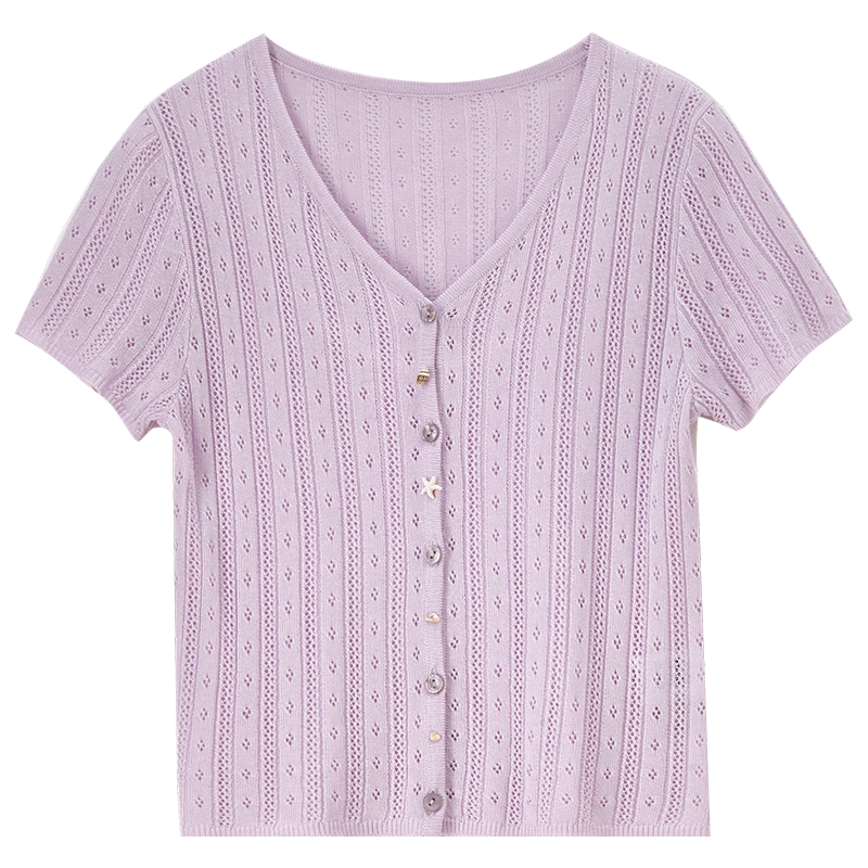 Shangdu Bira Linen Lyocell Knitwear Women Spring Summer Sweet Youthful V-Neck Hollow Texture Short Sleeve Cardigan Top