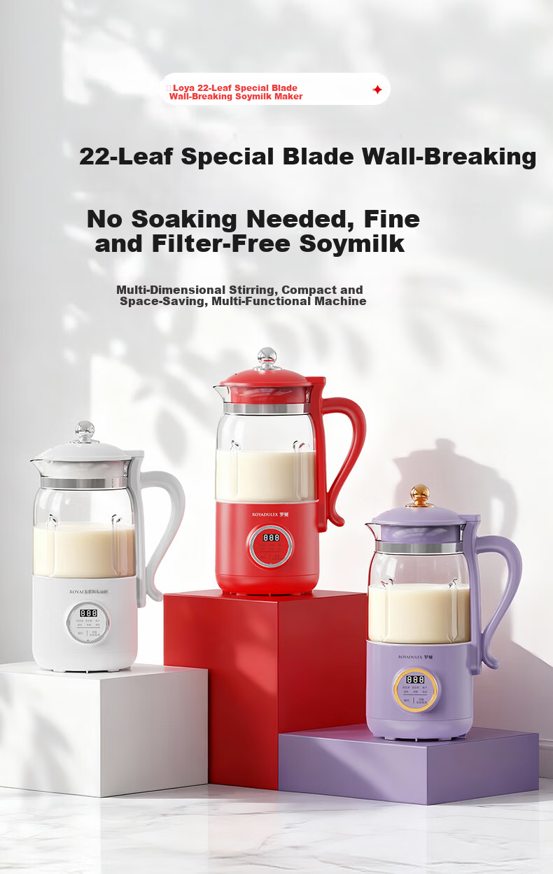 ROYALTY LINE 22-Blade Soy Milk Maker and Blender Titanium Coating 1L Fully Automatic Noise-Reducing Multifunctional Food Processor for 2-4 People White 1