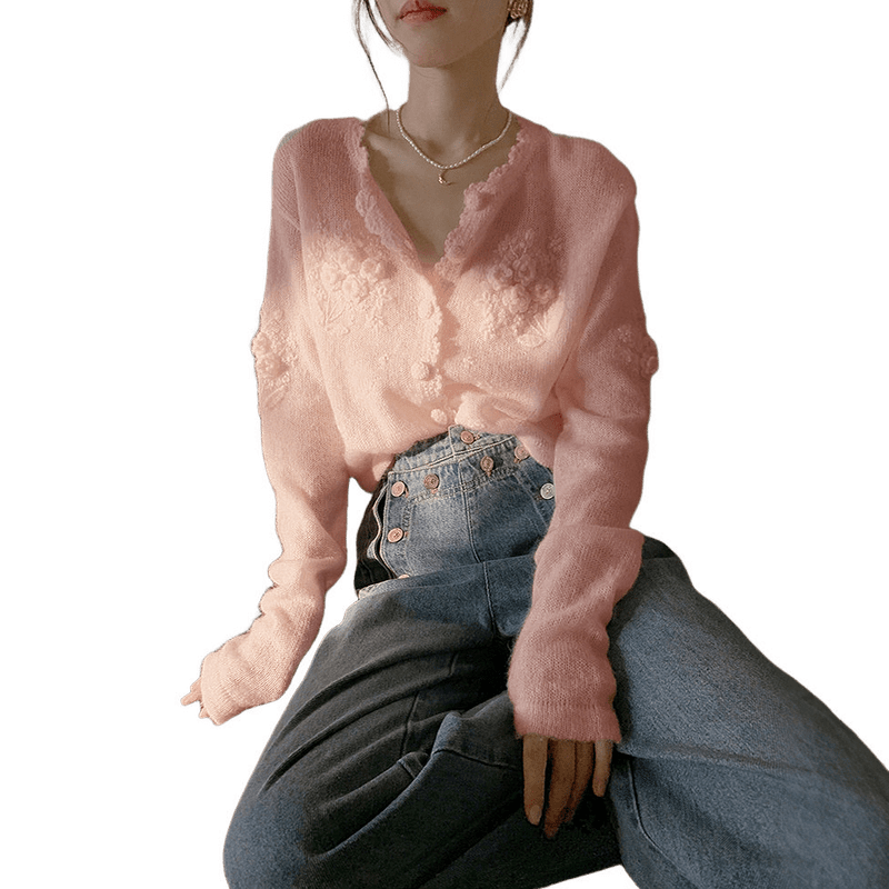 MT [Qiju Yunxu] Spring Gentle Style 3D Crochet Cardigan with Decorative Edging Soft Knit Women's Top