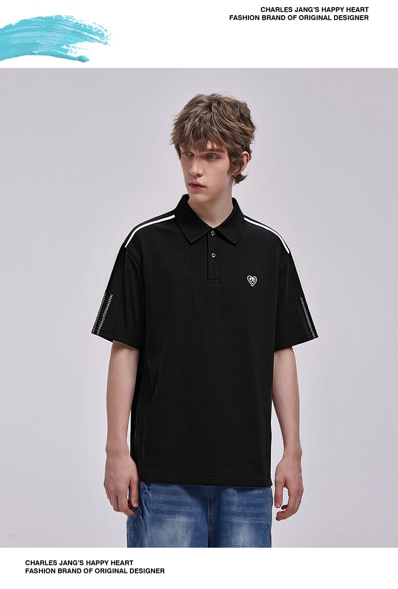 Charles Peach Heart Minimalist Luxury Embroidered Heart Short Sleeve Polo Shirt Unisex Summer Couple Casual Black XS 12