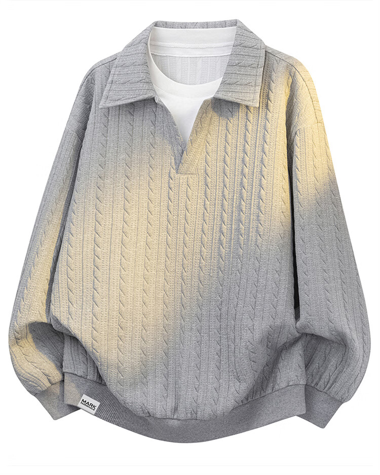 MARK FAIRWHALE Men's Sweatshirt Spring and Autumn Textured Knit Jacket Casual Polo Shirt Gray 2XL 1