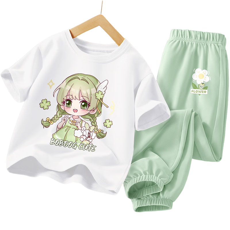 BOBDOG Girls Summer Set Dopamine Children's Clothing Pure Cotton Short Sleeve Summer Mosquito-Proof Pants White + Aqua Green 140