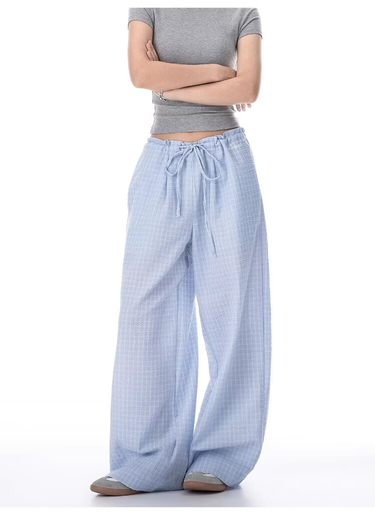 ICH MODE Women's American Style Plaid Summer Loose Wide-Leg Straight-Leg Sports Casual Pants Black XL 11