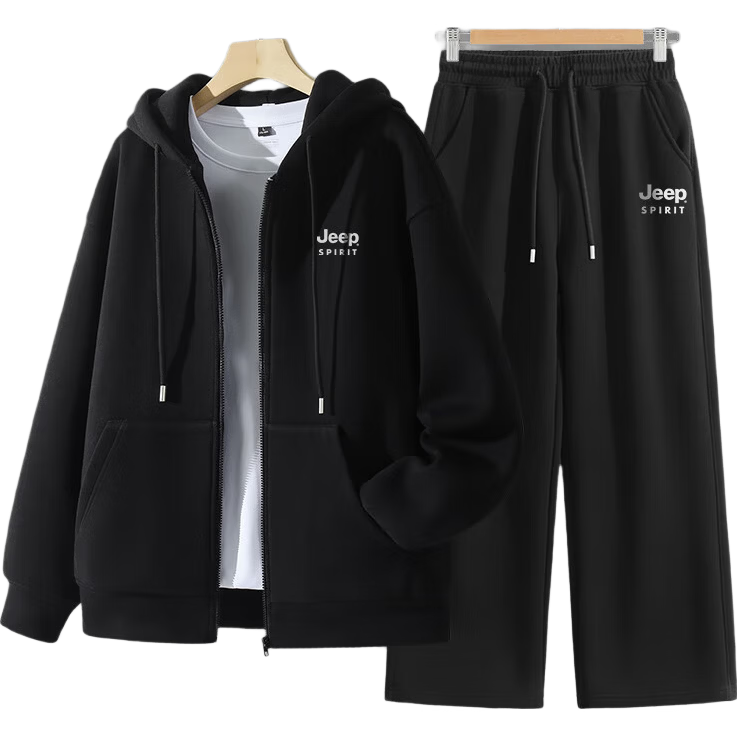 JEEP SPIRIT Men's Spring Casual Loose Sports Two-Piece Set Breathable Running Sweatshirt Jacket and Pants