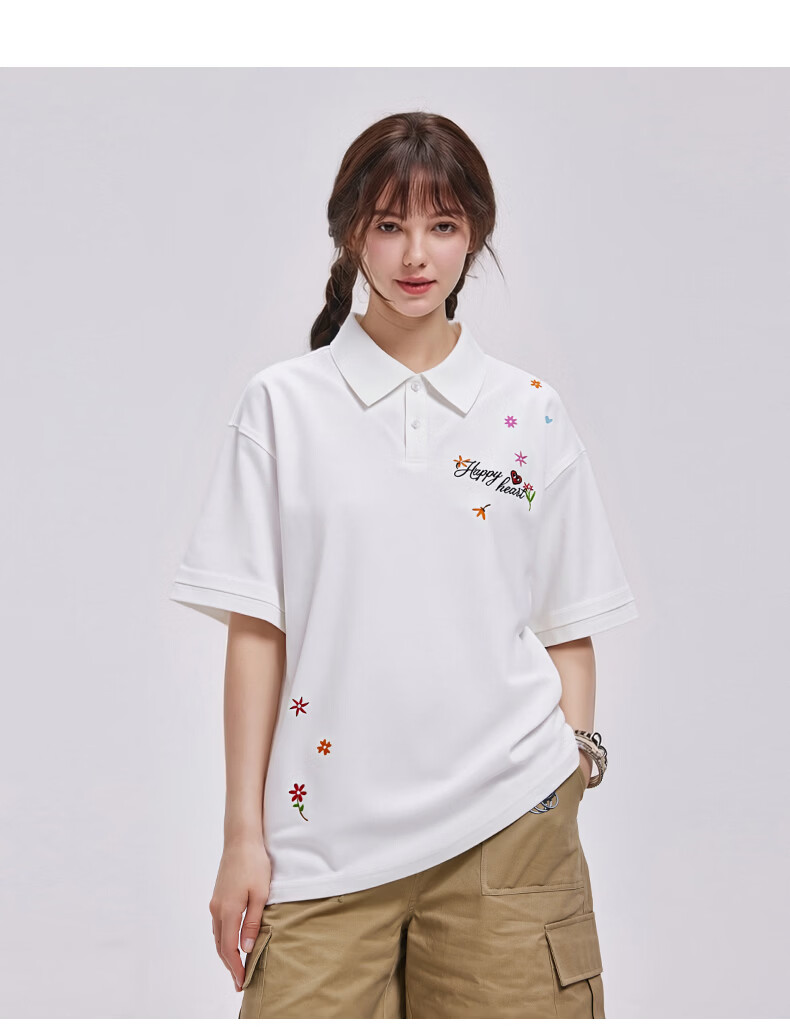 Charles Heart Trendy Floral Love Embroidery Couple Pure Cotton Short Sleeve Polo Shirt Casual Unisex Black XS 3