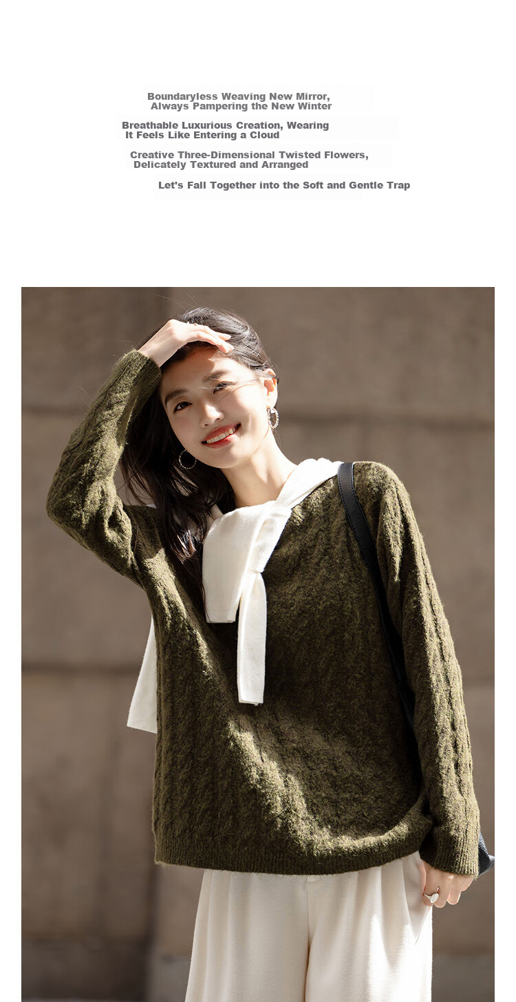 Demana Wool Blend Version Winter Southern France Crew Neck Cable Knit A-Line Sleeve Sweater Women's Top 2