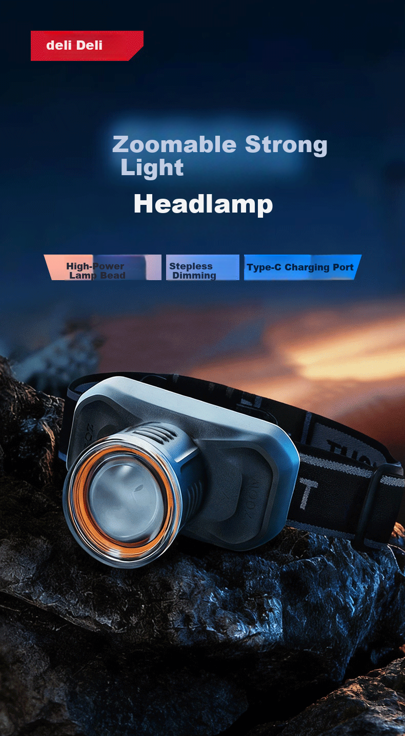 Deli Headlamp High Brightness Long Battery Life Night Fishing Mountaineering Sea Hunting Military Head-Worn 6-Level Adjustment 90-Degree Rotation 1