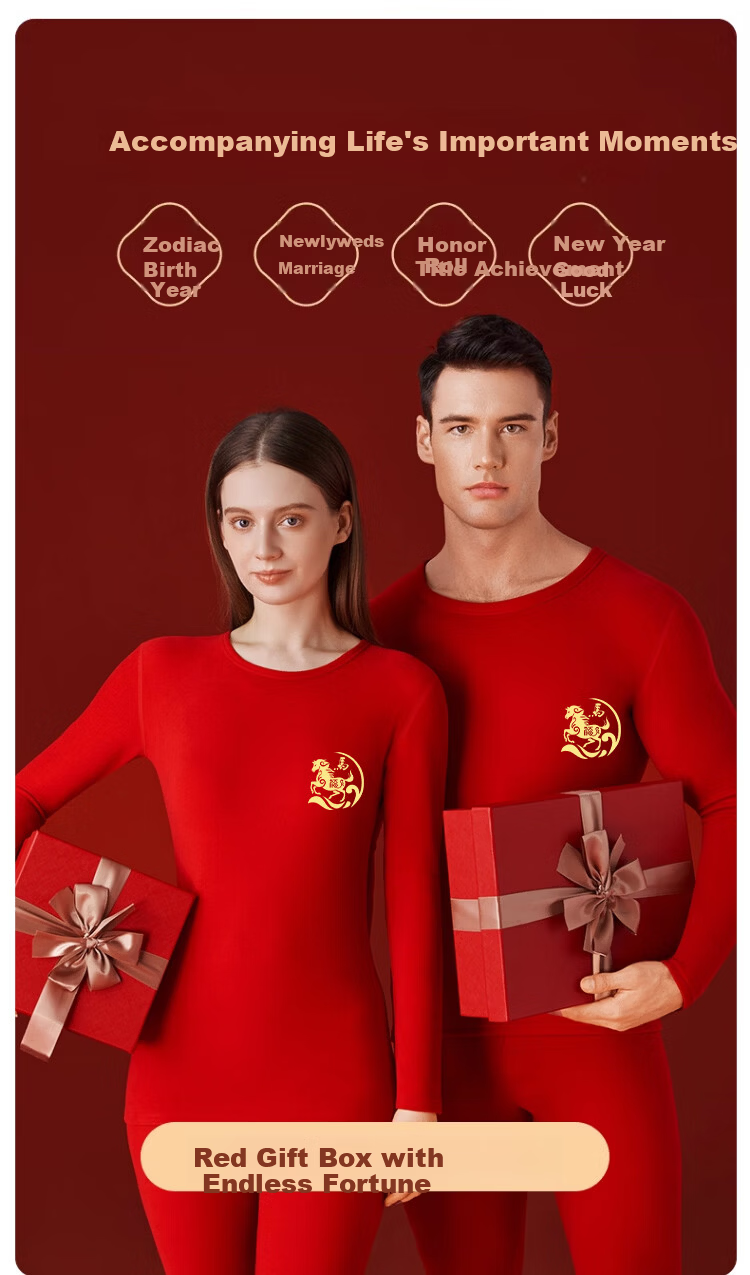 Langsha Women's Autumn Thermal Underwear Set Year of the Horse Red Pure Cotton Wedding Red Underwear Socks Warm Innerwear Gift Box 3