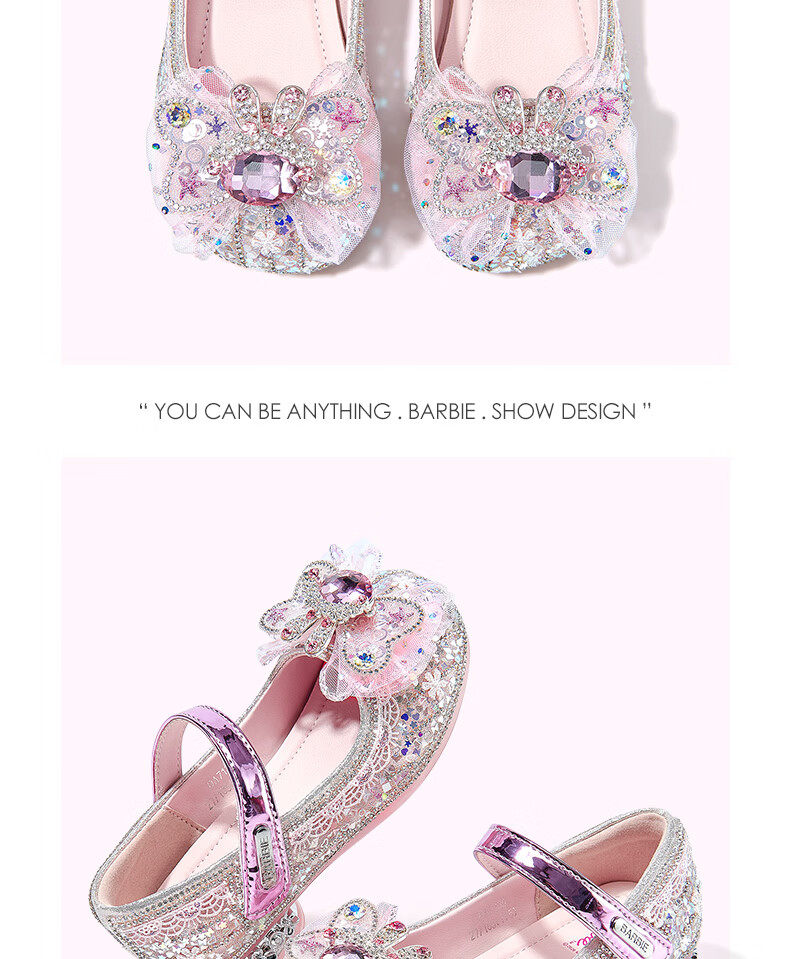 Barbie Girls' Spring Autumn Princess High Heel Crystal Stage Leather Shoes DA7135 Pink Size 28 14