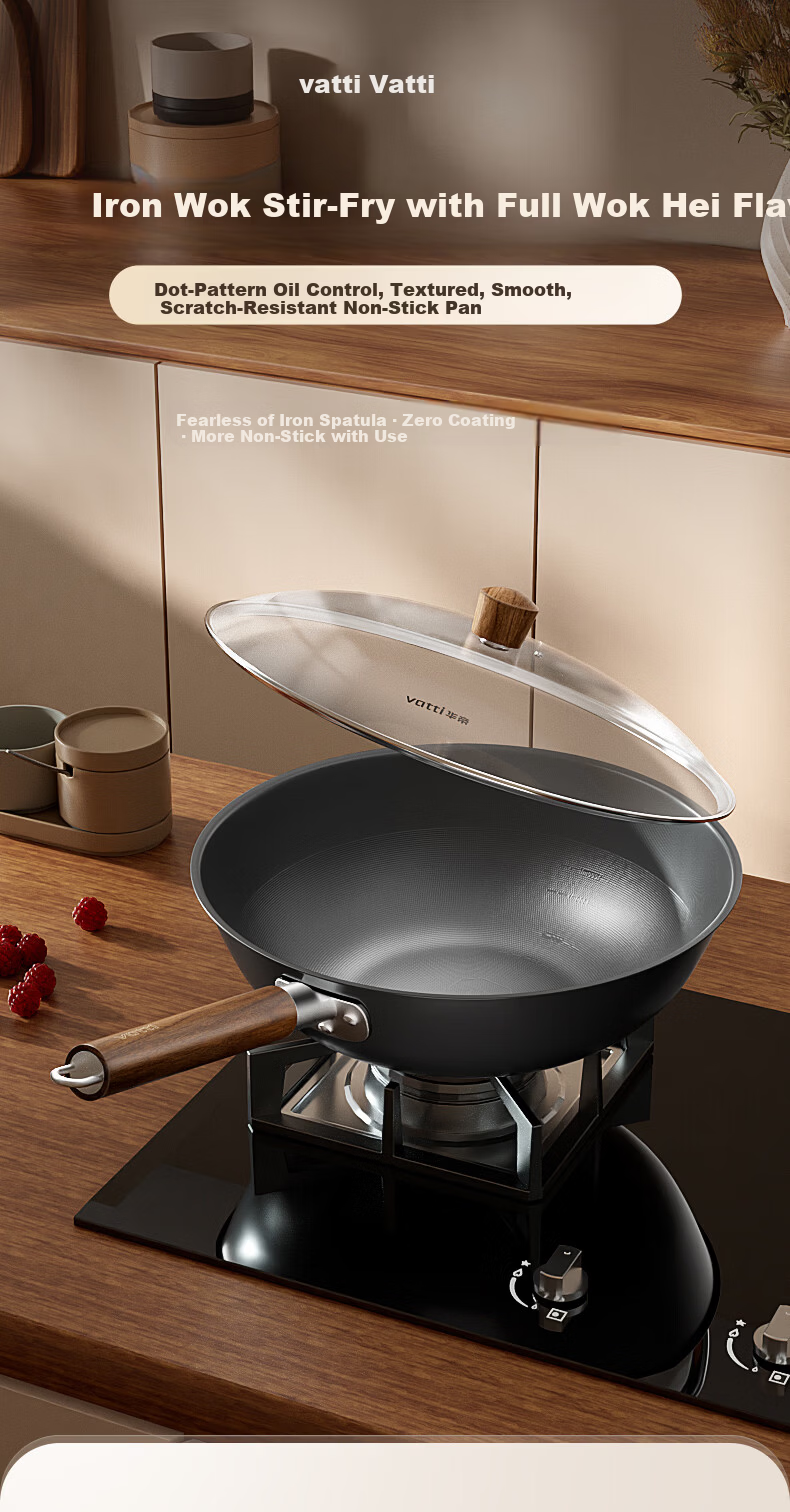 VATTI Titanium Iron Wok Non-Coated Non-Stick Stir Fry Pan Nitride Rust-Resistant Compatible with Gas Stove and Induction Cooker 5