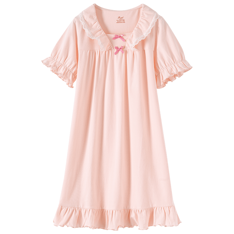 Dingguagua Girls' Summer Nightgown Princess Style A-Class Pure Cotton Long Dress Children's Short Sleeve Pajamas Parent-Child Dress Pink 150