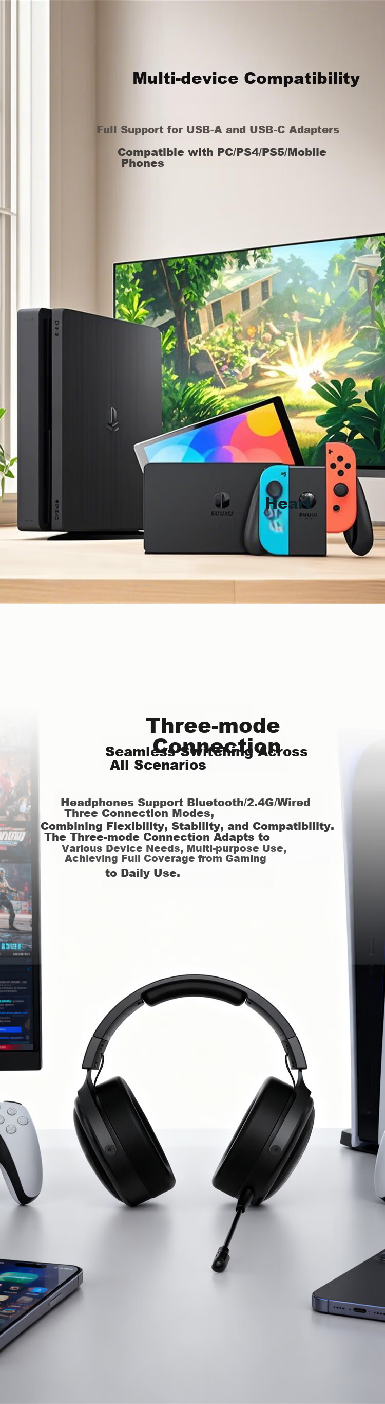 AOC Gaming Headset Over-Ear 7.1 Surround Sound PC Headphones Delta Operation FPS Wireless Bluetooth Wired Tri-Mode Long Battery Life 4