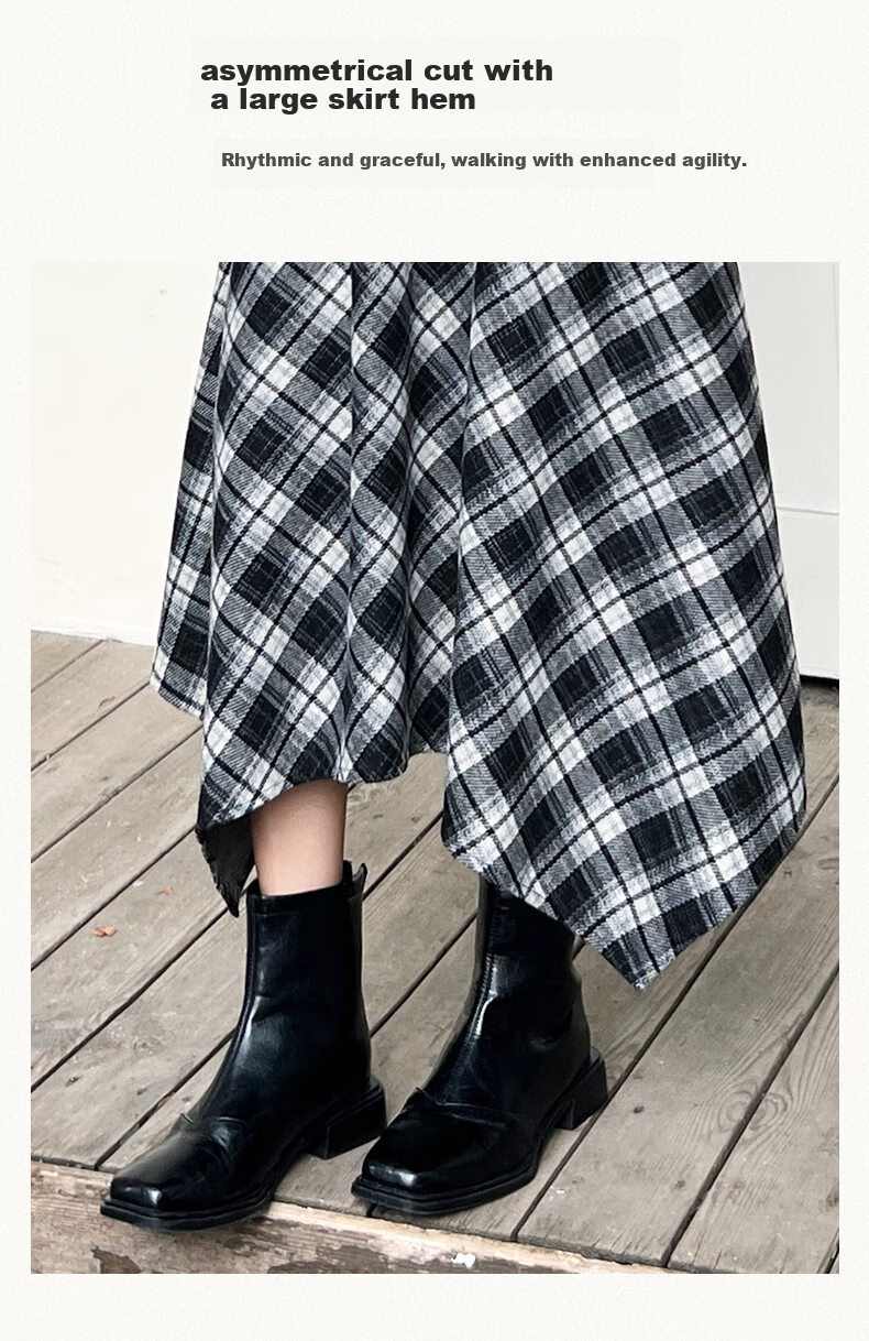 BOPRUIEY Vintage Plaid Irregular Women's Skirt 2025 New Autumn Winter A-Line Casual Mid-Length Skirt 7