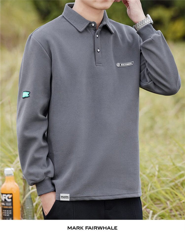 MARK FAIRWHALE Men's Sweatshirt Spring and Autumn American Casual Long Sleeve T-Shirt Polo Jacket Dark Gray XL 10
