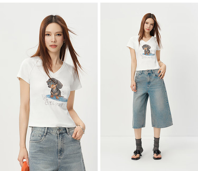 Semir Women's Summer Short Sleeve Cropped Raglan Sleeve Slim Fit V-Neck Puppy Print Pullover T-Shirt 2026 109326100018 3
