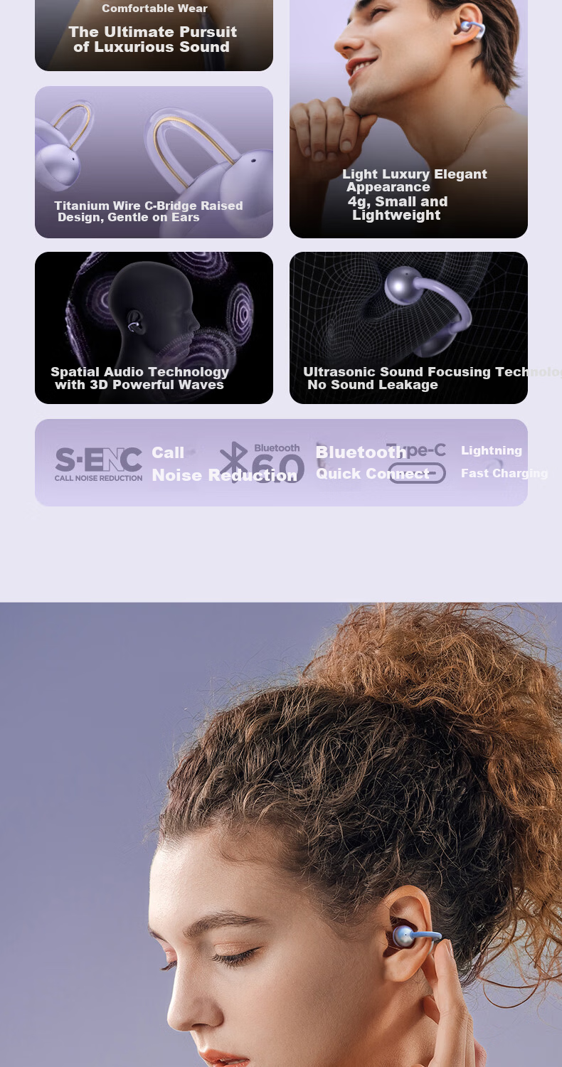 SHEYIN S5 Clip-On Bluetooth Earphones Open Air Conduction Non-In-Ear Sport Earhook Long-Wear Comfortable Compatible with Apple Huawei Phones Champagne Gold 6