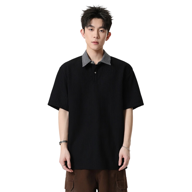 MMOPTOP Vintage Two-Piece Style Short Sleeve Plaid Jacquard Polo Shirt Men Summer Loose Fit Turn-Down Collar T-Shirt MP21 Black 2XL
