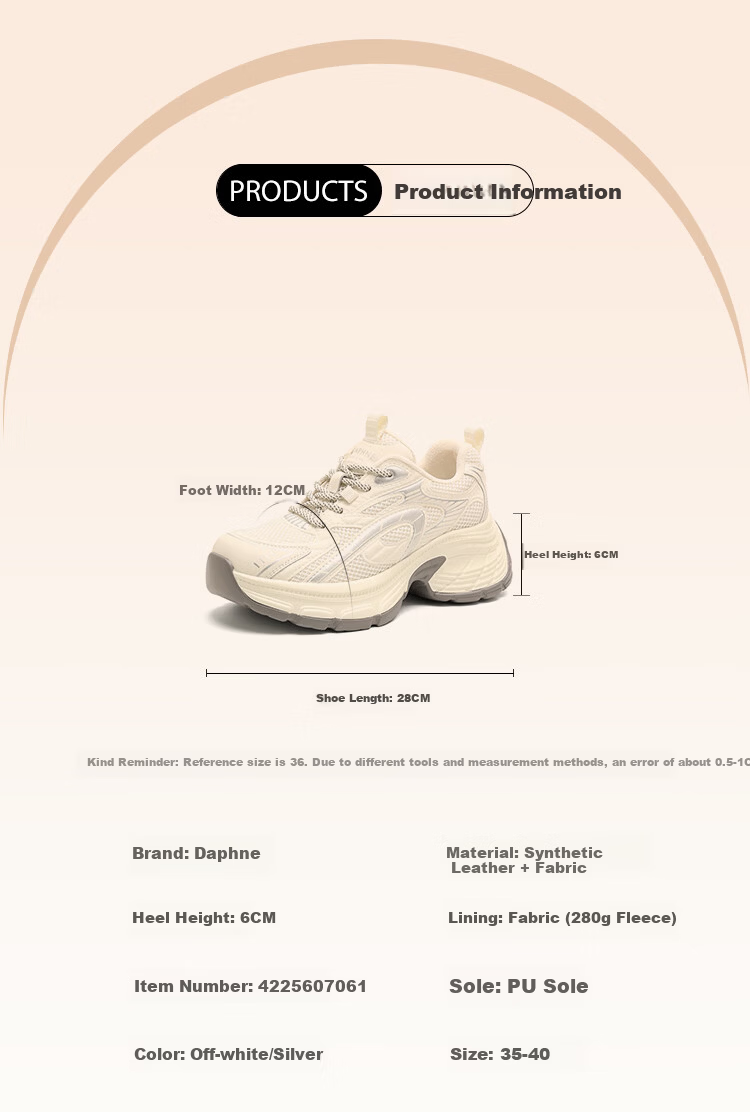 DAPHNE Women's Dad Sneakers New Breathable Casual Thick-Soled Sports Shoes Silver Size 39 3