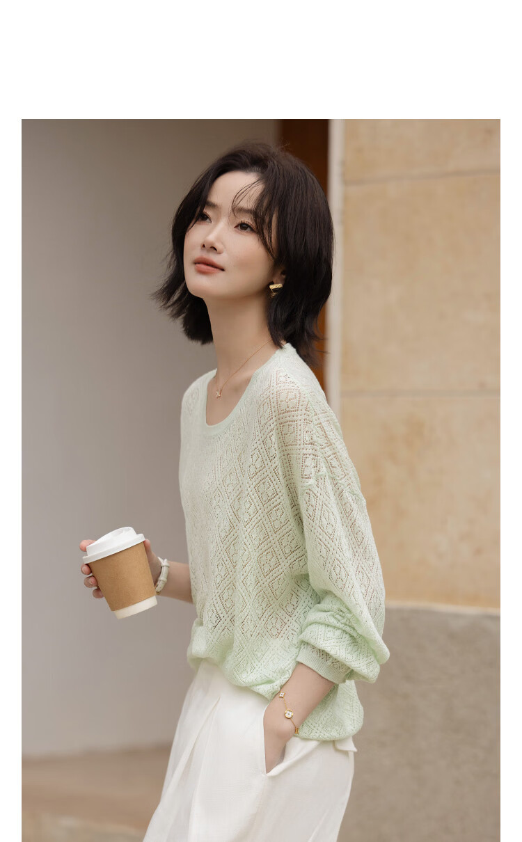 Demana Women's Spring Lazy Style Hollow Jacquard Knit Sweater with Mulberry Silk and Wool, Front Short Back Long 11