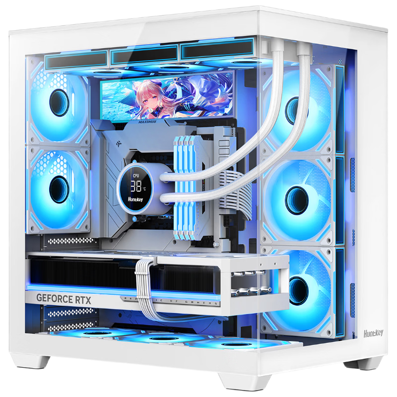 Huntkey S980V2 Tornado Chassis Panorama Edition Seaview White Case (Dual 360mm + ATX / Secondary Screen Mount / 360mm Water Cooling / 11 Fan Slots / Rear Dual Fan Mount)