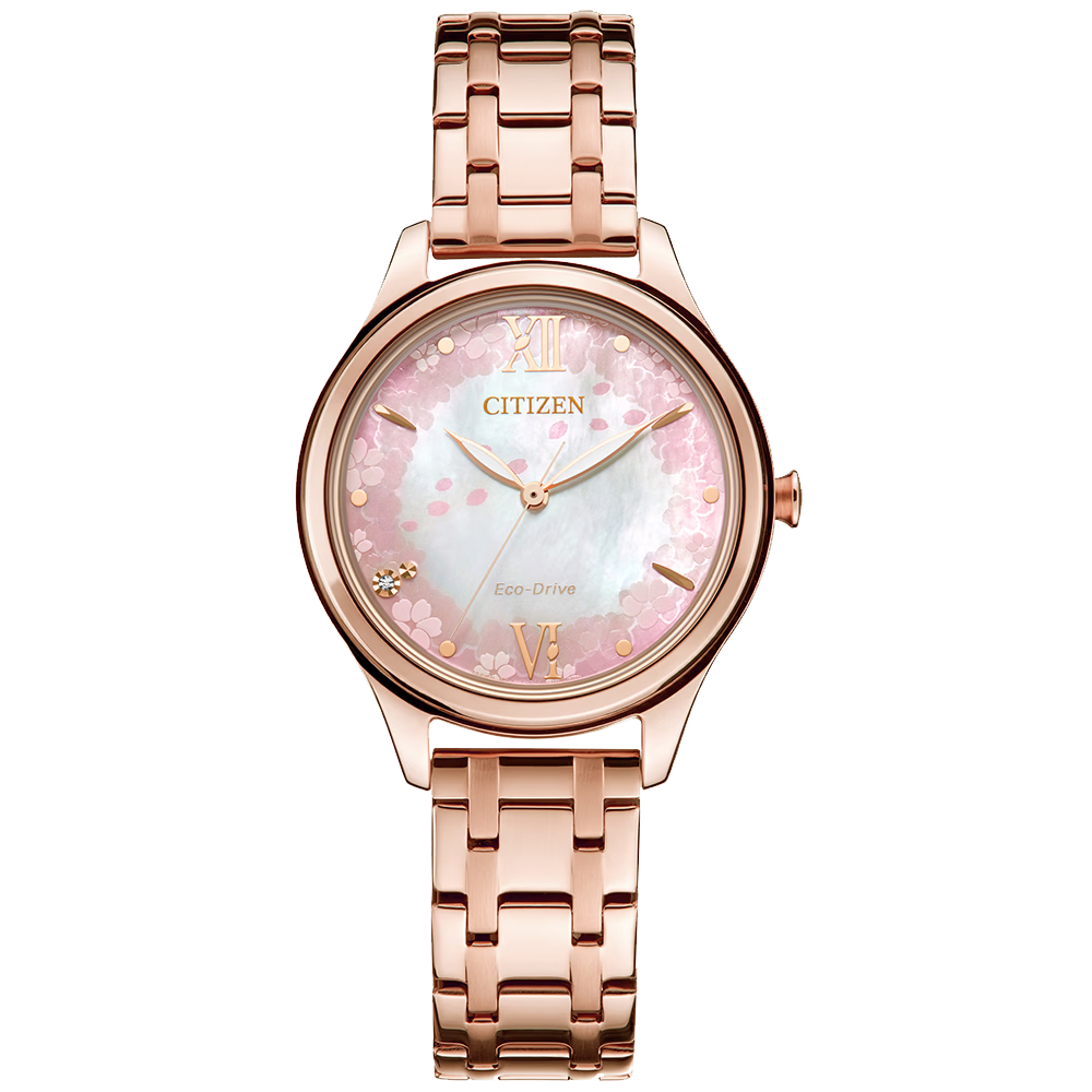 CITIZEN Women's Watch Japanese-Korean Style Eco-Drive Sakura Dial Steel Band Fashion Gift for Girlfriend EM0508-98W