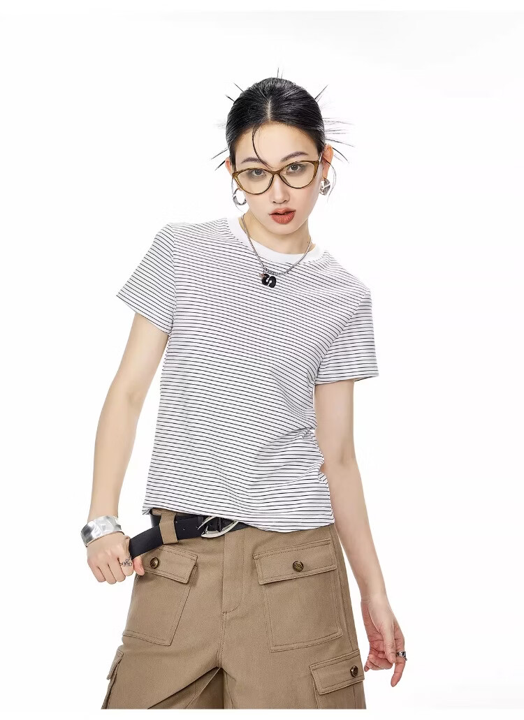 ICH MODE American Style Striped Slim Fit Short Sleeve T-Shirt for Women 2026 Summer New Hot Slim Shoulder Short Top White S 24