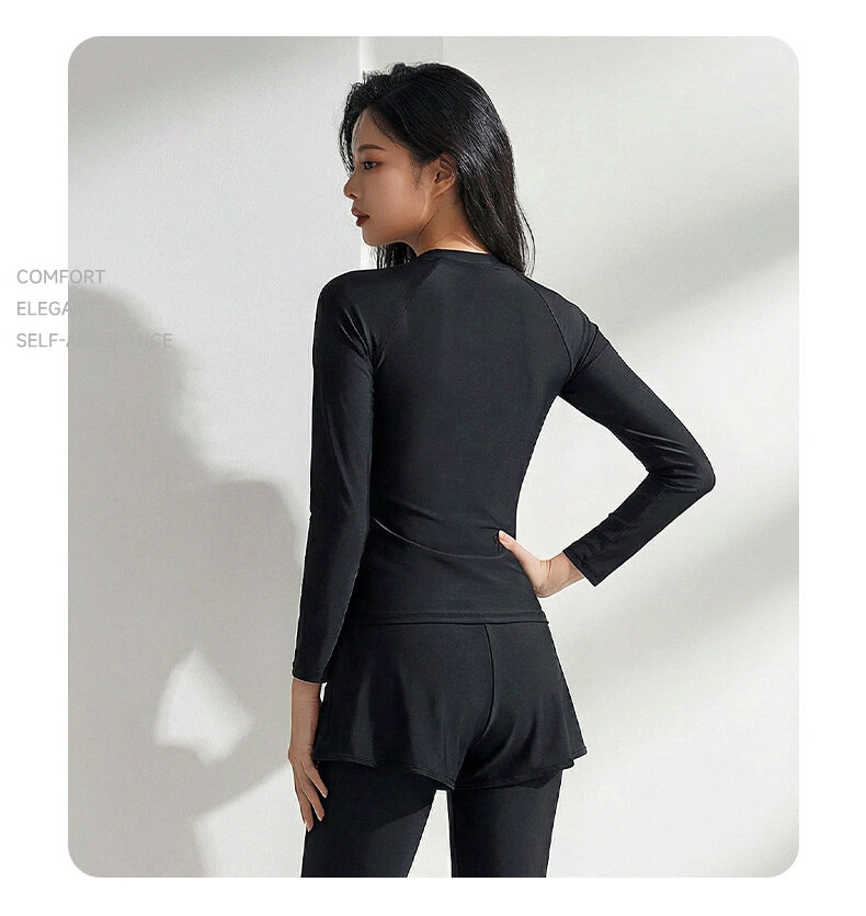 ANTA Women's Two-Piece Long Sleeve and Long Pants Swimsuit Conservative Plus Size Swimwear Sun Protection Surfing Diving Suit Black L 12