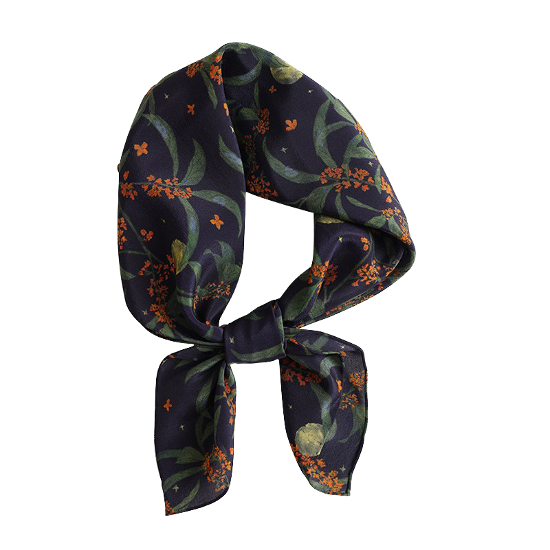 Lagur Original "Night Osmanthus" 100% Mulberry Silk Scarf 12 Momme Square Double Crepe Rolled Edge Neck Scarf Women Night Osmanthus