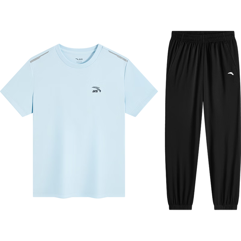 ANTA Kids Boys and Girls Easy-Clean Sports Set 2026 Summer Skin-Friendly Breathable Short Sleeve and Long Pants A72627704