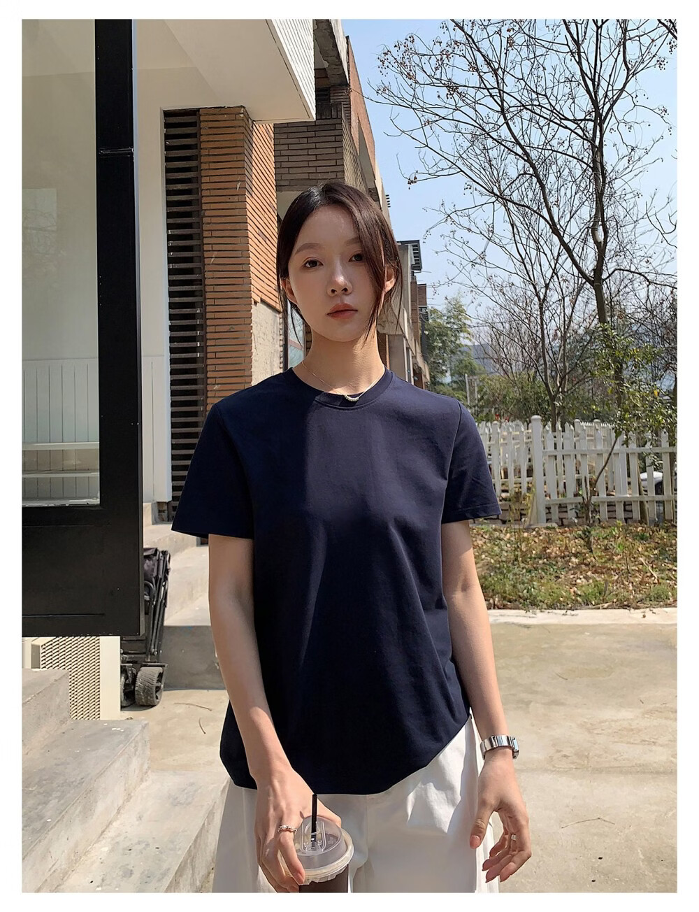 ICH MODE Minimalist Paper Doll Short Sleeve Women's T-Shirt Summer Simple Cool Base Shirt Solid Color White S 28