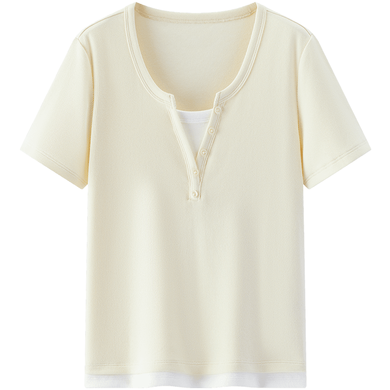 Semir Mall Style | Women's Summer Short Sleeve T-Shirt, Short Colorblock Fake Two-Piece, 2026 Shoulder Top 101326100004