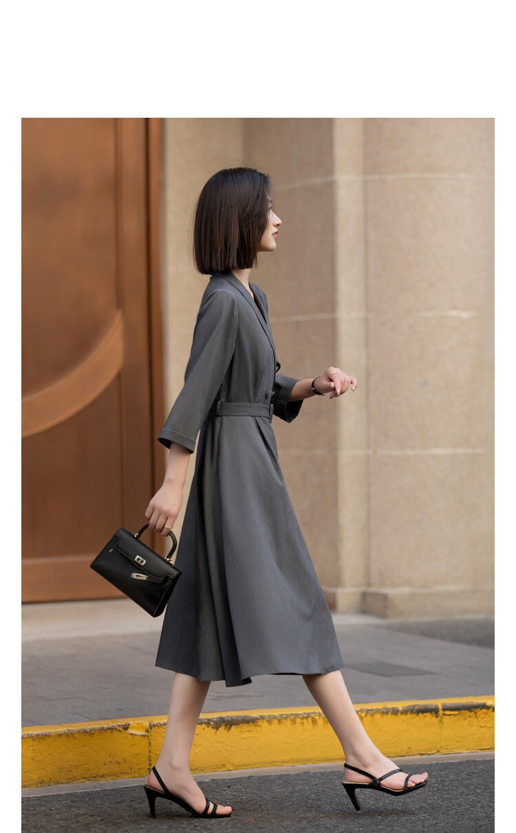 Demana Smart Elegance Spring Commuter Mandarin Collar Double-Breasted Mid-High Waist Three-Quarter Sleeve Buttoned Women's Dress 11