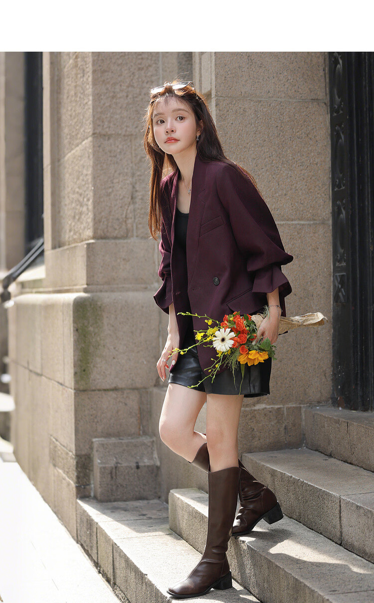 MT [Magazine Editor-in-Chief] Spring Commuter Ruffle Sleeve False Collar V-Neck Double-Breasted Loose Women's Blazer Jacket 3