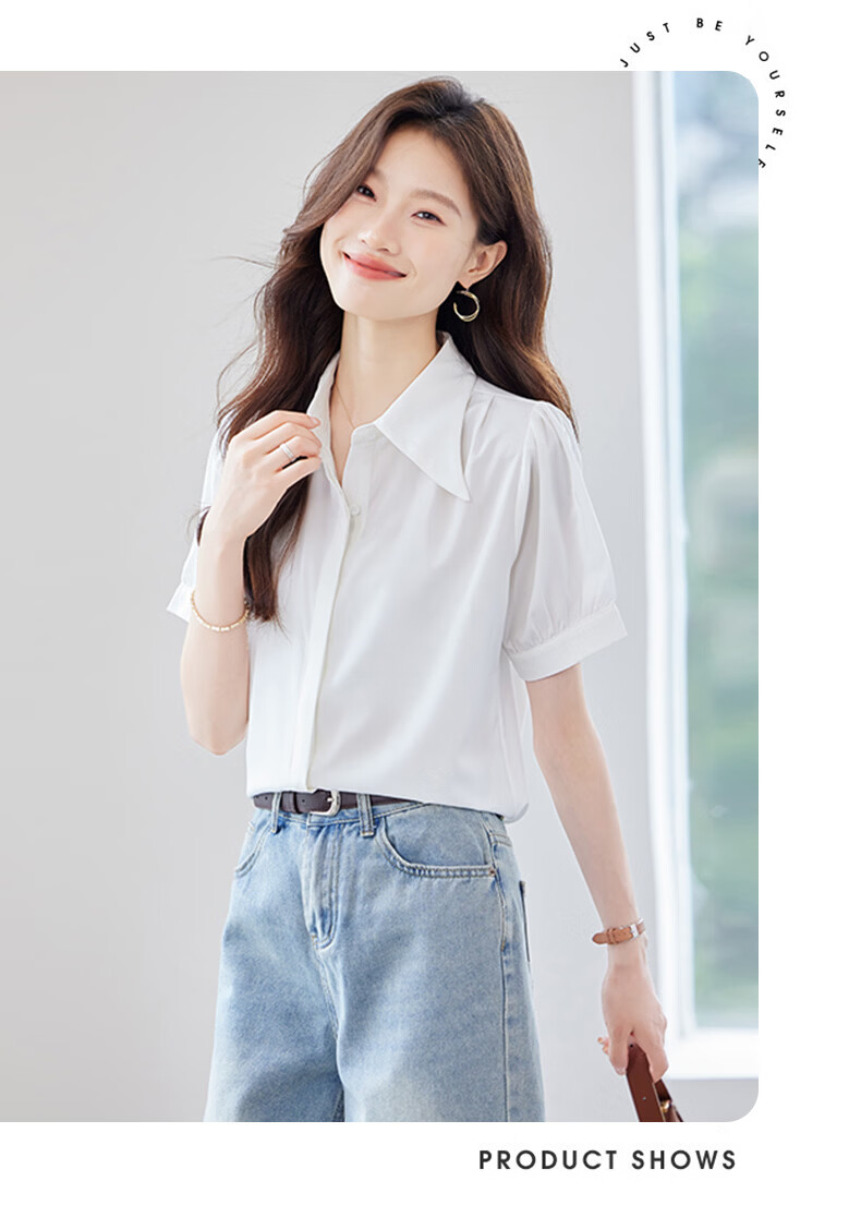 Jeanswest Women's Summer Vintage High-End Short Sleeve Loose Fit Versatile Professional Solid Color Shirt, Rose Red, Size L 5