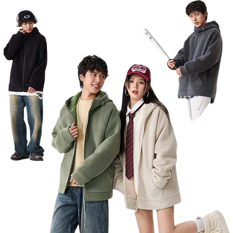 Jeanswest Men's Winter Fleece-Lined Thickened Hoodie Solid Color Double-Sided Fleece Premium Warm Jacket