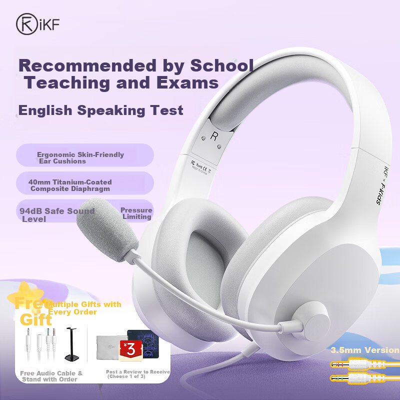 IKF Fkids Y01 Wired Over-Ear Headphones for Students, English Listening and Speaking Exam, Children's Online Learning Headset, 3.5mm Jack, Moonlight White