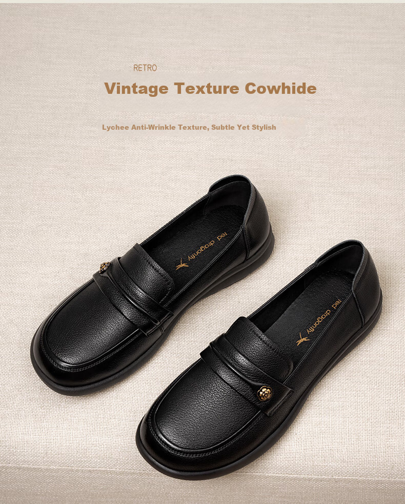 Red Dragonfly Women's Spring Summer Soft Sole Elderly Leather Flat Shoes WJB35828 Black Size 36 2