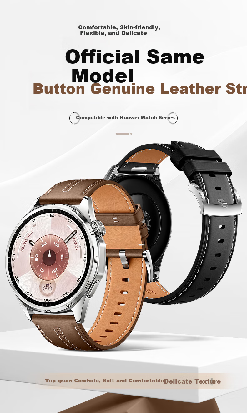Weiqiantu Leather Watch Strap Compatible with Huawei Watch GT6/6pro/GT5/5pro/Watch5/4pro/GT4, 46mm Dial, Flat End Obsidian Black, Push-Button Style, Official Same As 1
