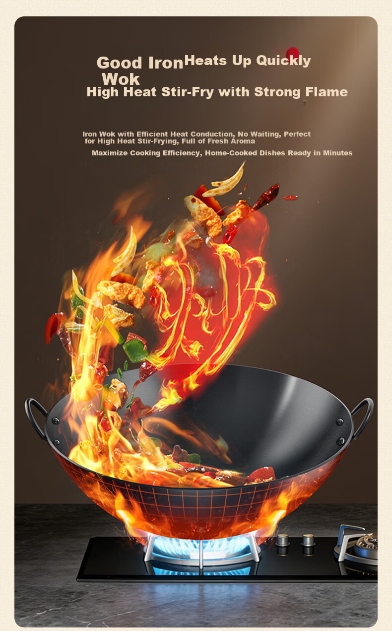 Sacon Commercial Double-Handle Iron Wok Hand-Forged Stir-Fry Pan No Coating Home Cooking Round Bottom Gas Stove 60cm with Lid 7