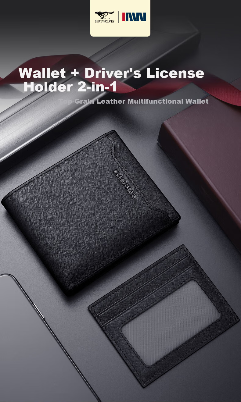 SEPTWOLVES Men's New Two-in-One Genuine Leather Large Capacity Wallet Card Holder Gift for Father Husband Birthday 1
