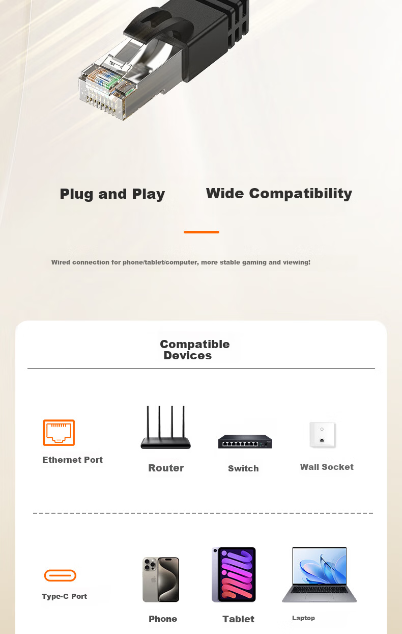 CABLE CREATION Type-C to RJ45 Gigabit Ethernet Cable High-Speed Direct Network Adapter for Smartphones, Laptops, Tablets, Router Connection, 1 Meter 3
