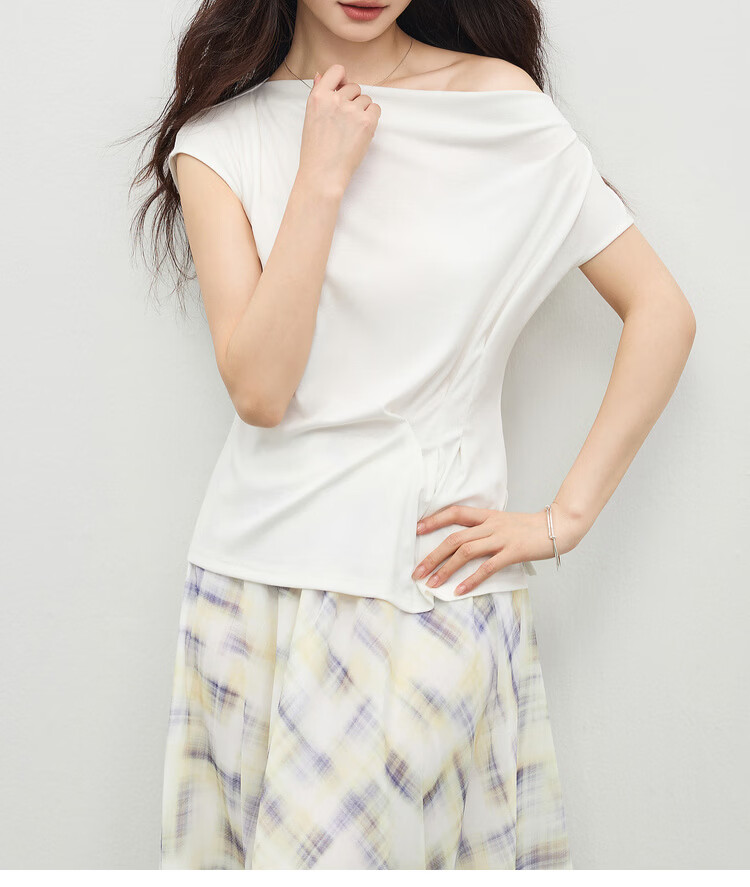 Shangdu Bila Lenzing Tencel Casual T-Shirt for Women Spring Summer Design Off-Shoulder Slimming Pleated Knitwear 7