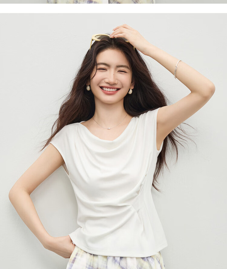 Shangdu Bila Lenzing Tencel Casual T-Shirt for Women Spring Summer Design Off-Shoulder Slimming Pleated Knitwear 15