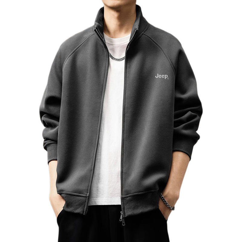 JEEP Men's Sweatshirt Jacket, Spring And Autumn Heavyweight Casual Cardigan, Trendy Sportswear, Dark Gray, XL