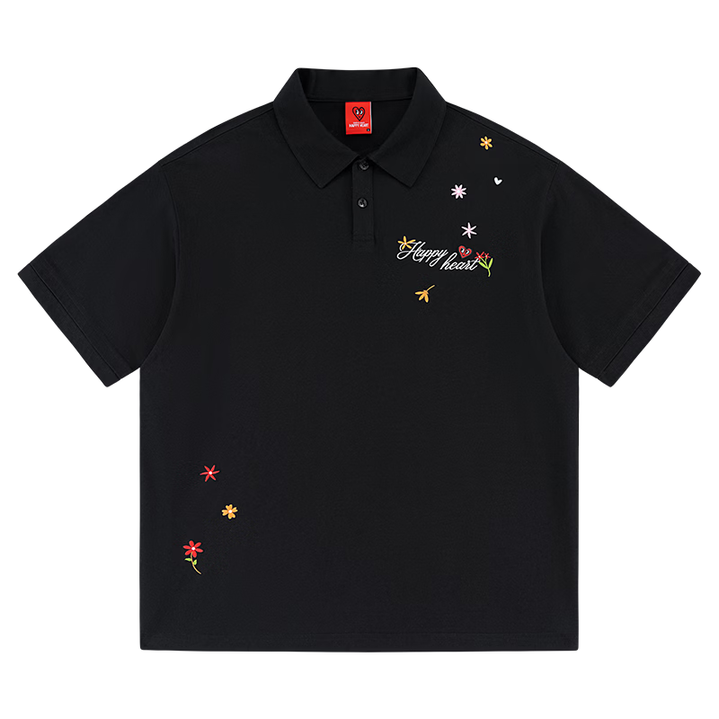 Charles Heart Trendy Floral Love Embroidery Couple Pure Cotton Short Sleeve Polo Shirt Casual Unisex Black XS