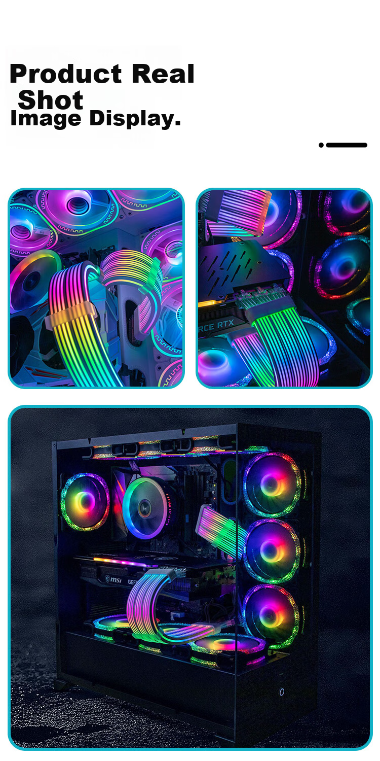 ZHENWEI 8Pin Neon Light Cable 6+2P GPU Power Extension ARGB Sync 360° Silicone Double-Sided Lighting 34cm Black 8